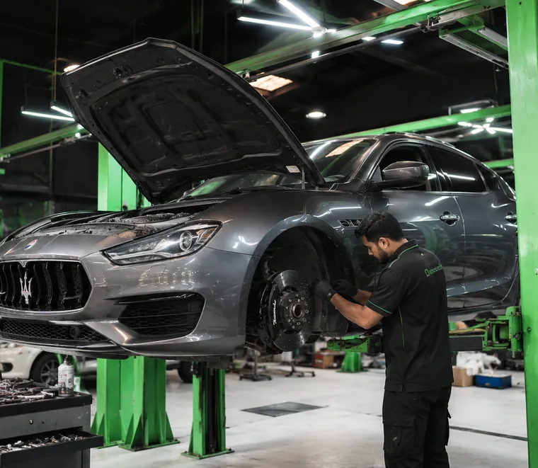 Grey Maserati Ghibli raised on a green two-post lift with a wheel removed while a technician works on the brake disc.