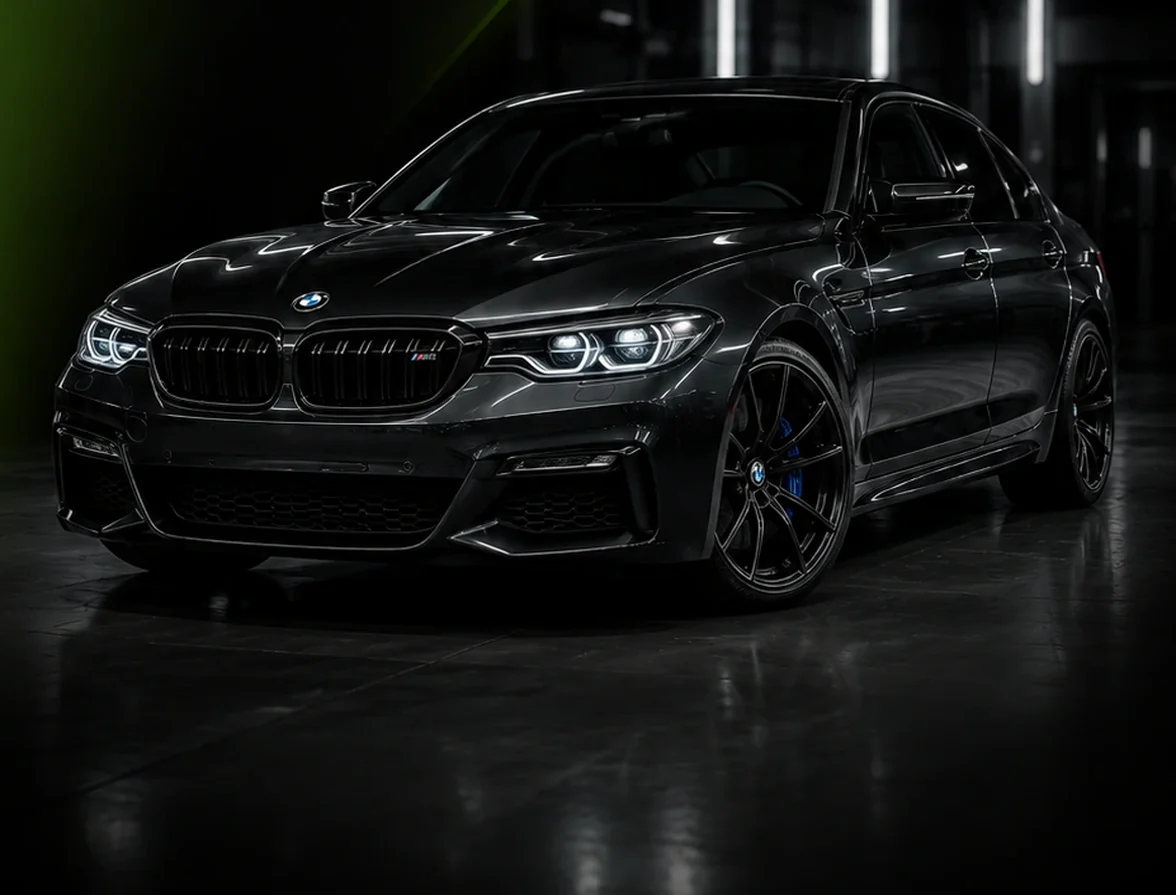 Black BMW M5 lit inside the Exotic Auto Services workshop in Mussafah, Abu Dhabi