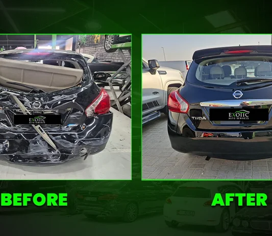 Accident-damaged car assessed at the Exotic Auto Services workshop in Mussafah, Abu Dhabi