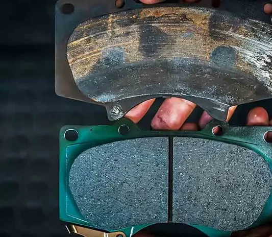 Worn brake pads replaced during a brake service in Mussafah, Abu Dhabi