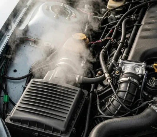 Overheating engine being diagnosed at the Exotic Auto Services workshop in Mussafah, Abu Dhabi