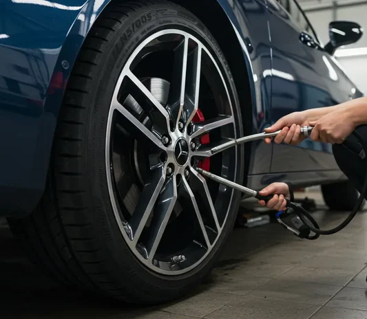 Tyre inspection during a contract service at the Exotic Auto Services workshop in Abu Dhabi