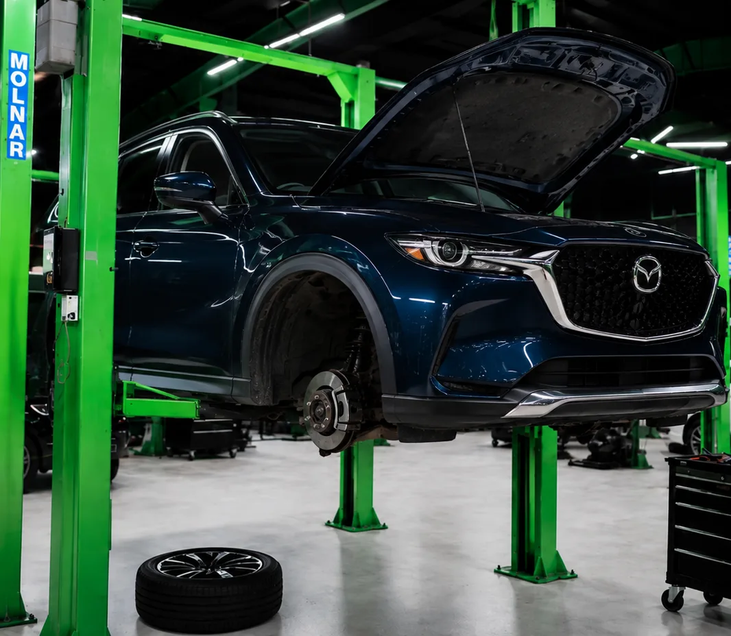 Mazda with the bonnet open for engine bay inspection in Mussafah, Abu Dhabi