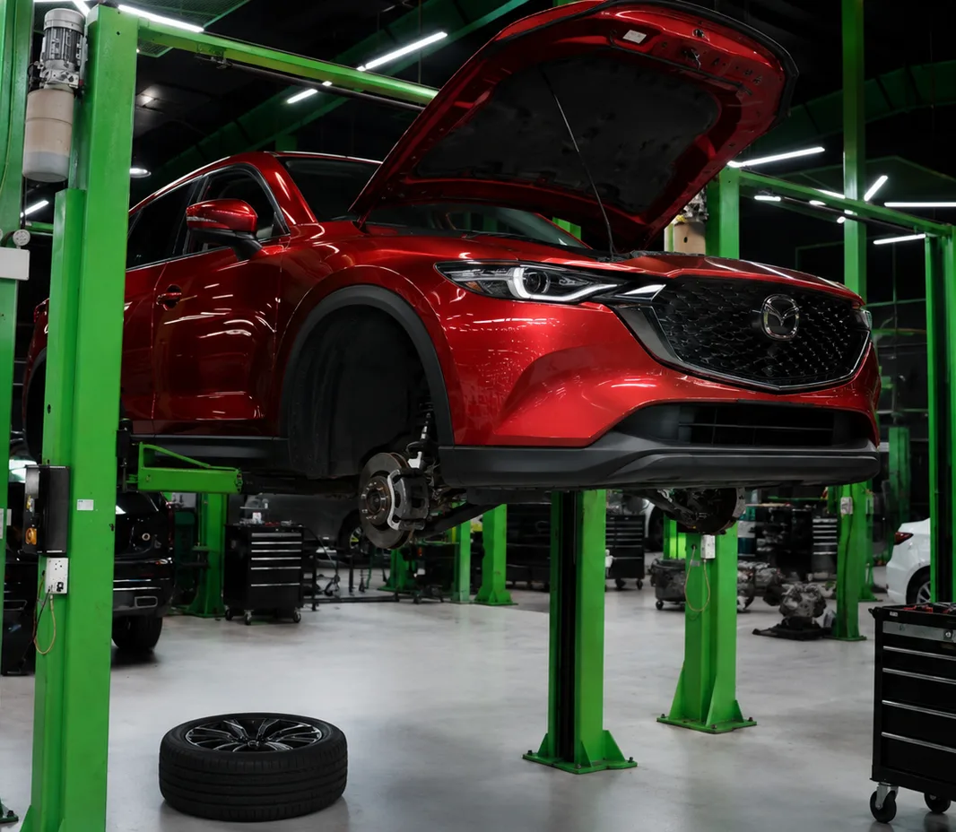 Mazda raised on the two-post lift at the Exotic Auto Services workshop in Mussafah