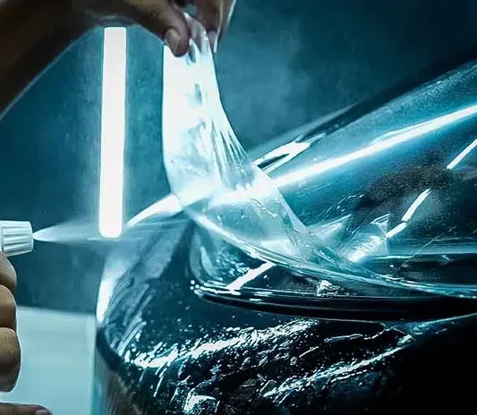 Paint protection film being applied to a car panel at the Exotic Auto Services workshop in Mussafah, Abu Dhabi
