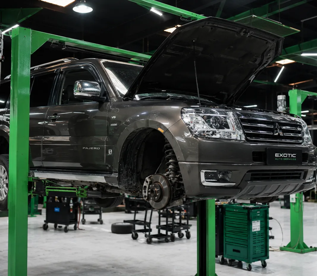 Pajero with the wheels off for brake service at the Mussafah workshop