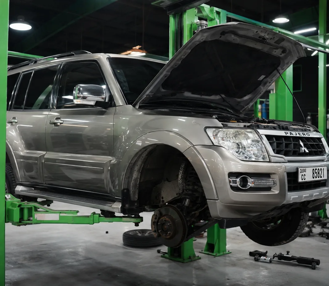 Pajero on the ramp during suspension inspection in Abu Dhabi