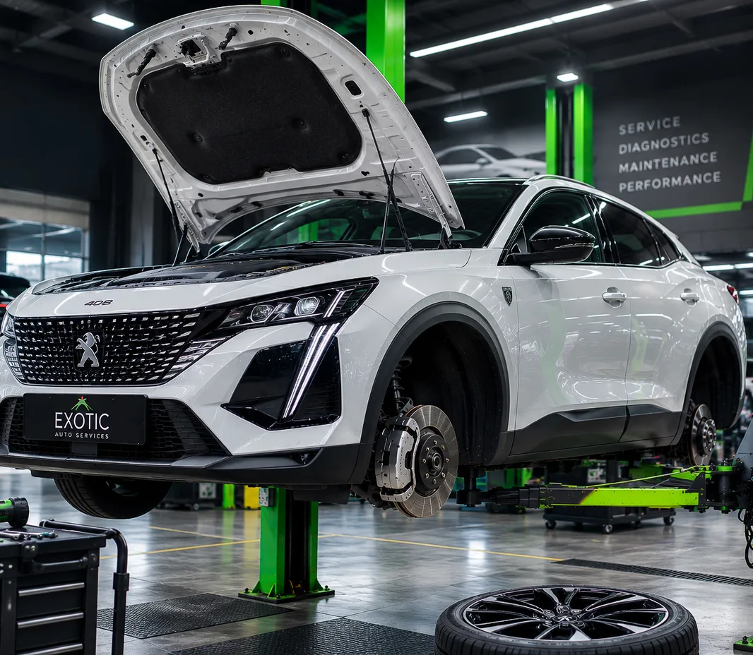 Peugeot in the service bay at Exotic Auto Services, Mussafah