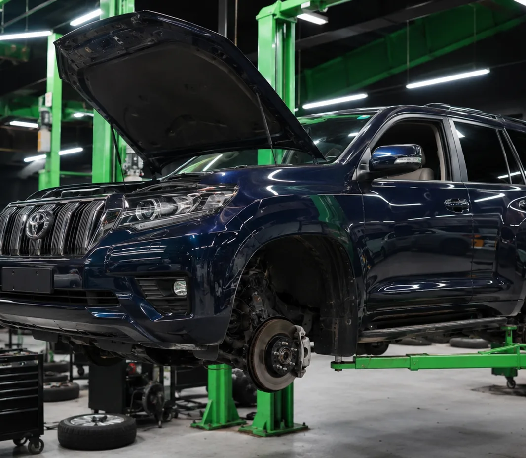 Prado with the wheels off for brake service at the Mussafah workshop