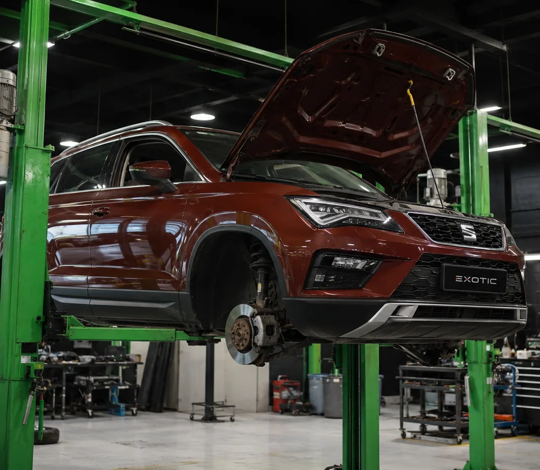 SEAT with the wheels off for brake service at the Mussafah workshop