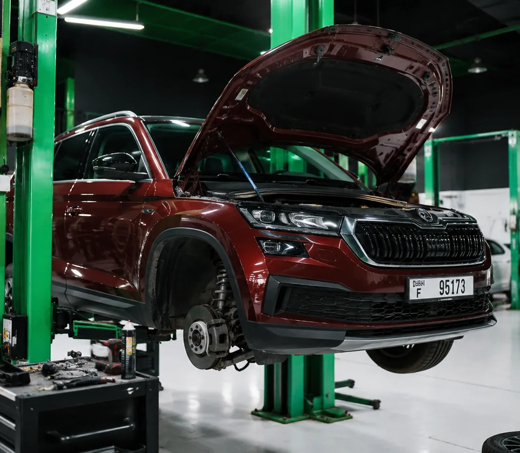 Skoda with the wheels off for brake service at the Mussafah workshop