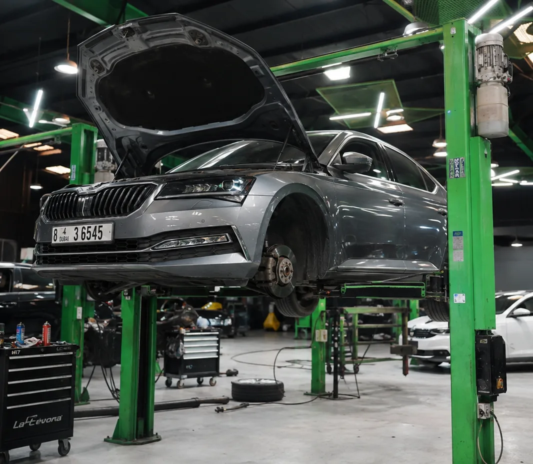 Skoda with the bonnet open for engine bay inspection in Mussafah, Abu Dhabi