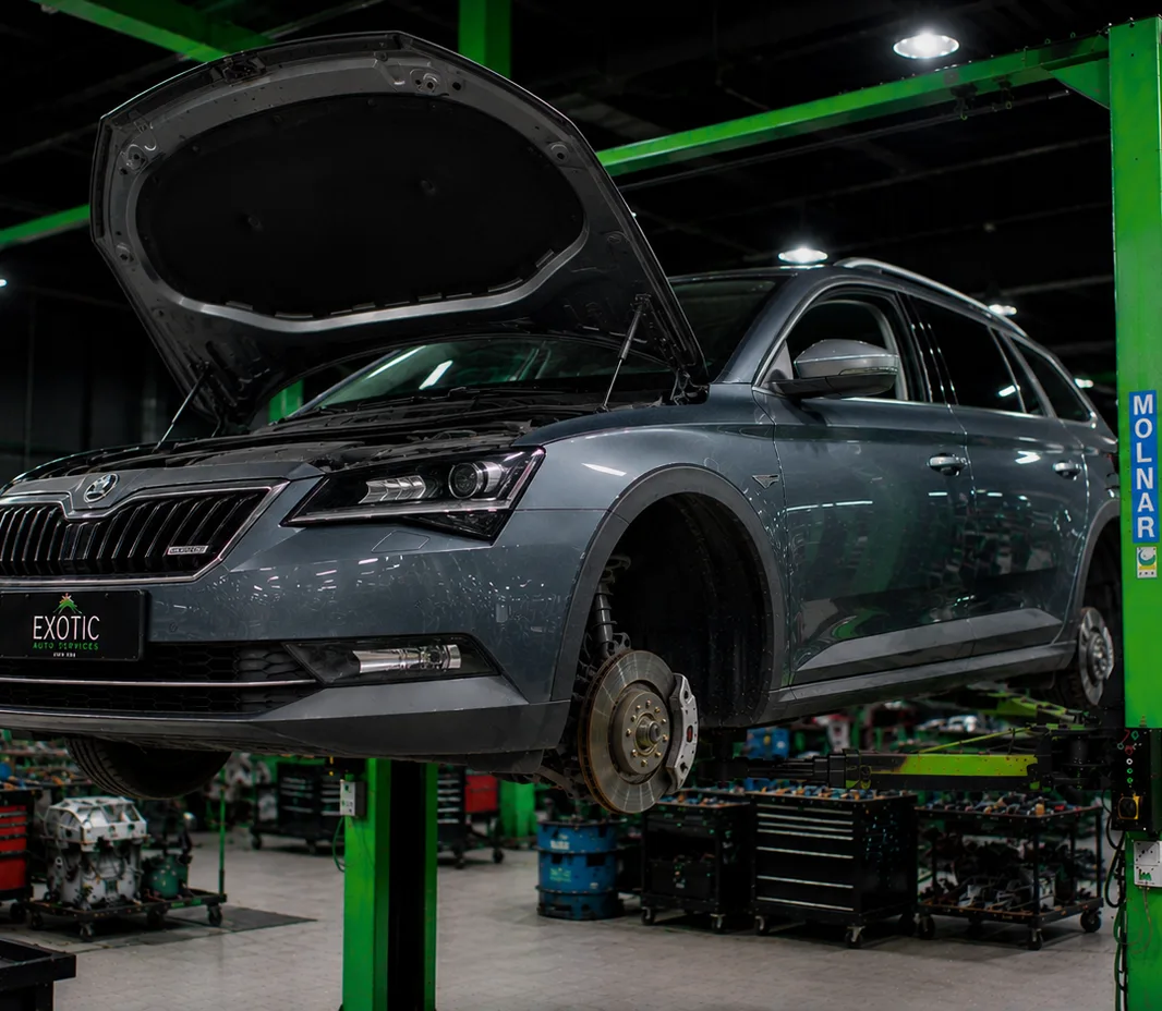 Skoda on the ramp during suspension inspection in Abu Dhabi