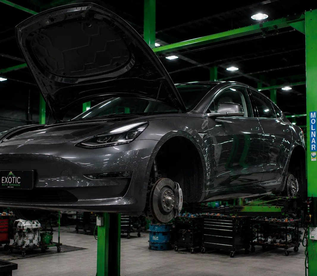 Tesla with the front compartment open for inspection in Mussafah, Abu Dhabi