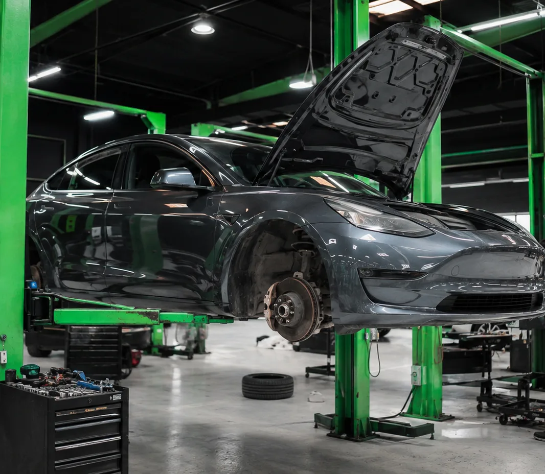 Tesla raised on the two-post lift at the Exotic Auto Services workshop in Mussafah
