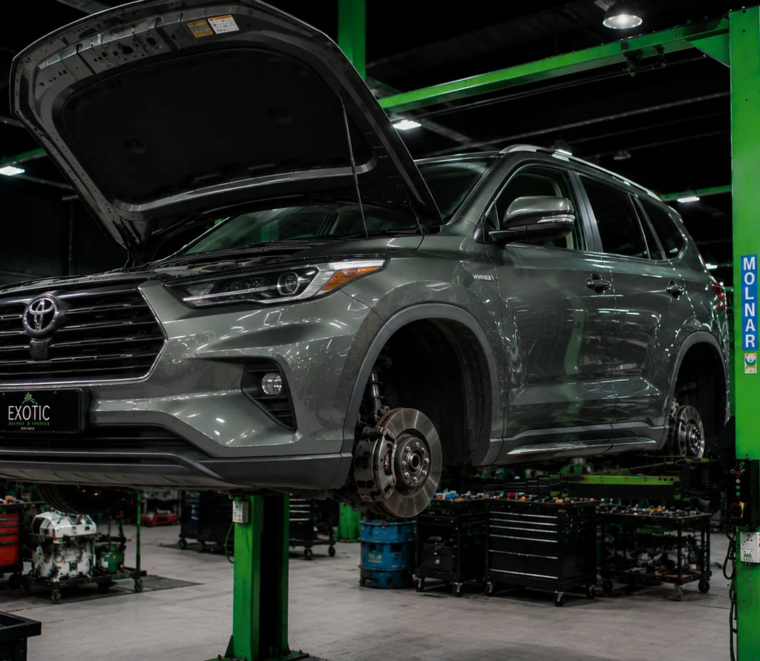 Toyota with the bonnet open for engine bay inspection in Mussafah, Abu Dhabi