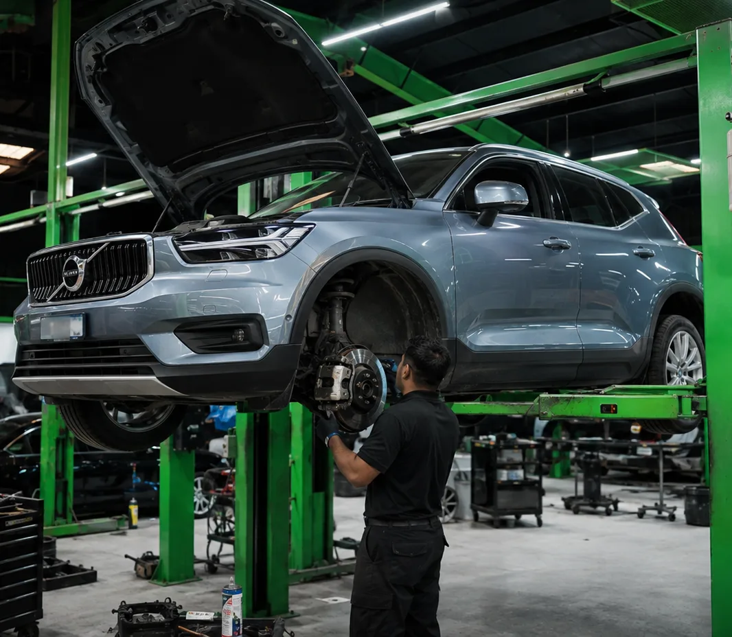 Volvo with the bonnet open for engine bay inspection in Mussafah, Abu Dhabi